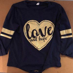Size 9 navy blue long sleeve t-shirt with gold heart and gold stripes